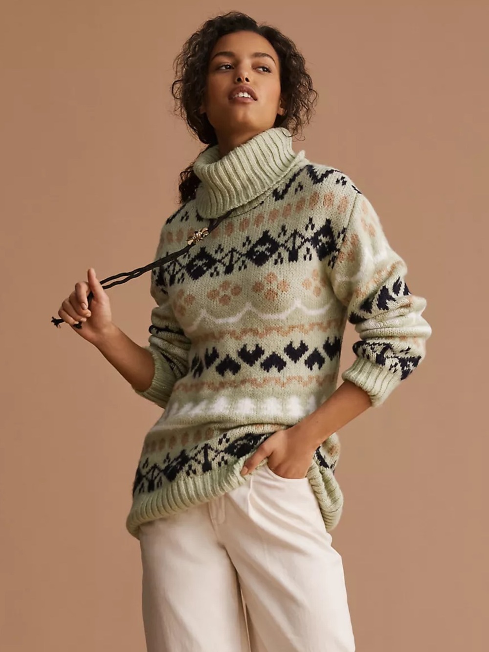 Anthropologie Turtleneck Tunic Fair Isle Knit Sweater | Sage Green | Large